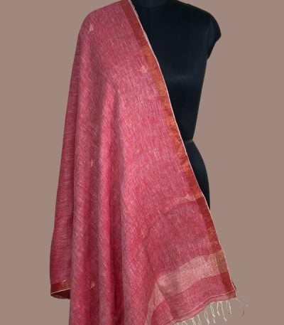 Coral red linen dupatta with copper zari butis