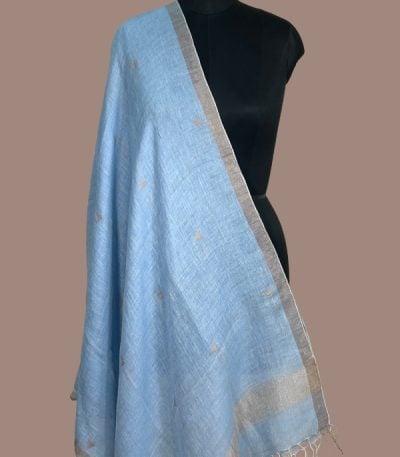 Powder blue linen dupatta with silver zari butis