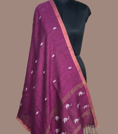 Wine magenta linen dupatta with white woven butis
