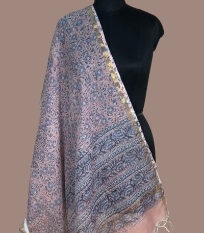 Blush pink Kota Doria dupatta with blue and grey floral creeper jaal
