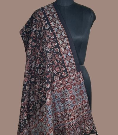 Black Ajrakh dupatta with madder red paisley floral creeper jaal