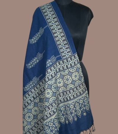 Indigo blue Ajrakh dupatta with white fern sprigs