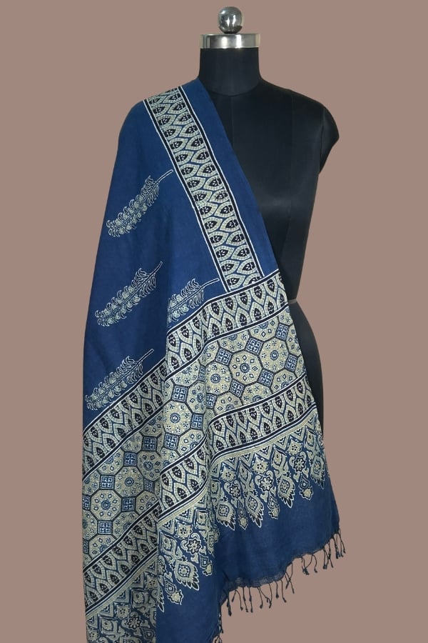 Indigo Ivory Fern Buti Ajrakh HandBlock Printed Pure Cotton Dupatta Indigo blue Ajrakh dupatta with white fern sprigs