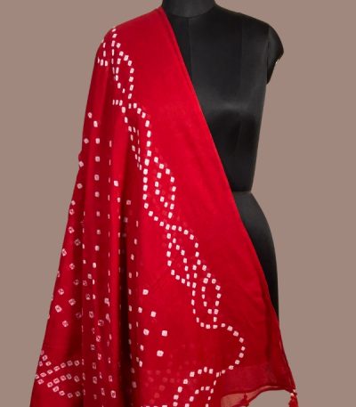 Crimson red bandhani cotton dupatta with white wave dot pattern and tassels. Authentic Hand Tie Dye Bandhani