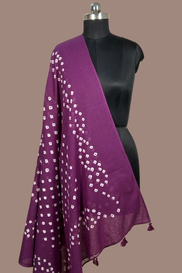 Wine Purple Wave Bandhani Tie Dye Pure Cotton Dupatta Wine purple bandhani cotton dupatta with bold white wave dot pattern and tassels. Authentic Hand Tie Dye Bandhani
