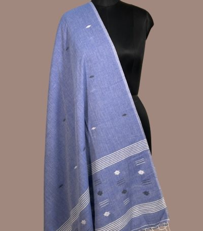 Denim blue handloom dupatta with white and black woven butis and white striped pallu. Authentic HandLoom Woven