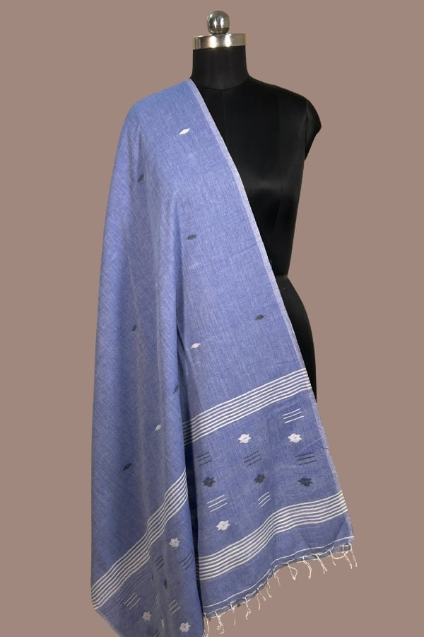 Denim blue handloom dupatta with white and black woven butis and white striped pallu. Authentic HandLoom Woven