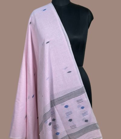 Baby pink handloom dupatta with blue and black woven butis and black striped pallu. Authentic HandLoom Woven