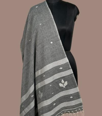 Charcoal grey handloom dupatta with white woven butis and floral bird motif striped pallu. Authentic HandLoom Woven