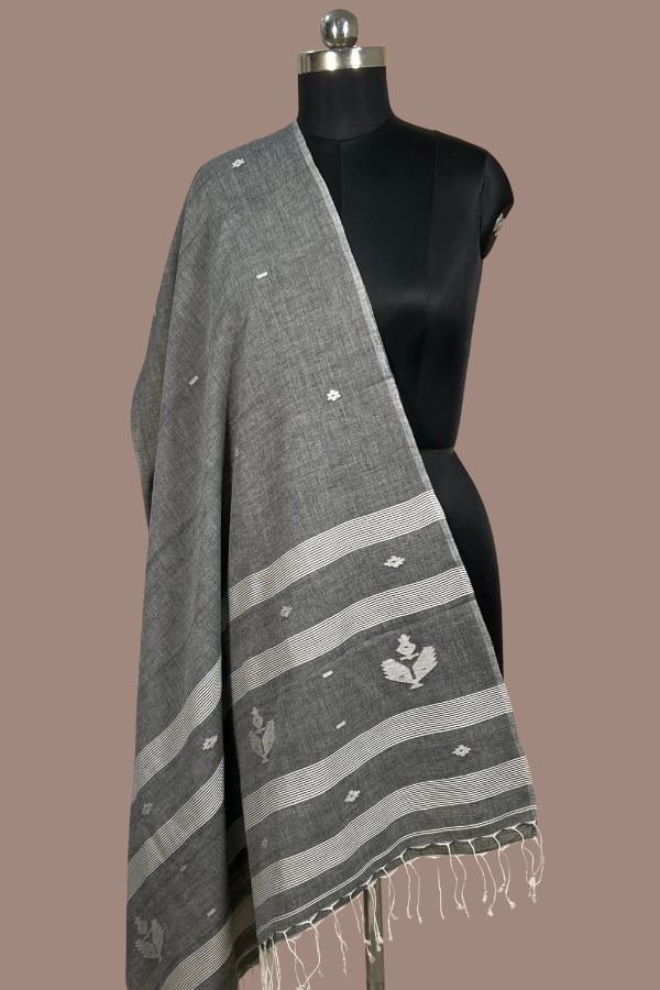 Charcoal Grey Floral Bird Jamdani HandLoom Soft Cotton Dupatta Charcoal grey handloom dupatta with white woven butis and floral bird motif striped pallu. Authentic HandLoom Woven