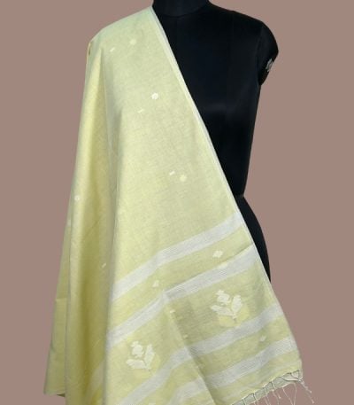 Pale lemon handloom dupatta with white woven floral motifs and white striped pallu. Authentic HandLoom Woven