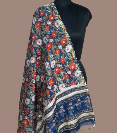 Navy blue Chanderi dupatta with red and white floral jaal