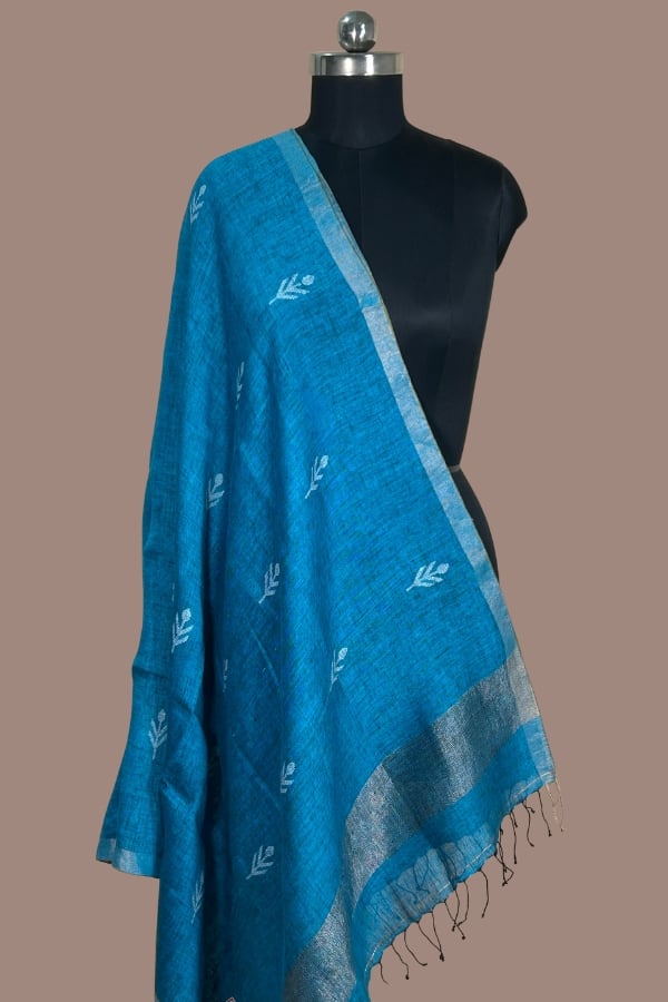 Teal Blue Leaf Buti HandLoom Linen Zari Border Dupatta Teal blue linen dupatta with white woven leaf sprig butis and silver zari border and pallu. Authentic HandLoom Woven Linen