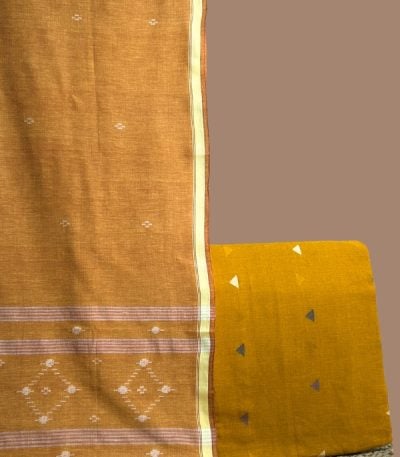 Yellow handloom cotton dupatta with woven diamond buti border