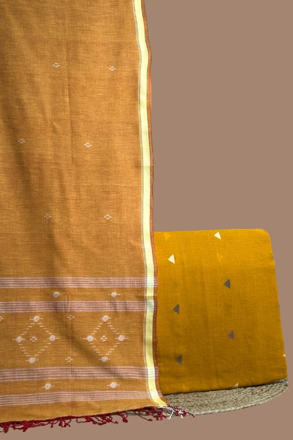 Yellow handloom cotton dupatta with woven diamond buti border