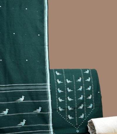 Green handloom dupatta with woven bird border