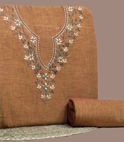Red handloom soft cotton 3m top with floral embroidered neckline
