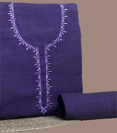 Purple handloom soft cotton 3m top with leaf-embroidered placket neckline