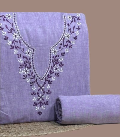 Light purple handloom soft cotton 3m top with floral embroidered V-neckline and matching 2.5m bottom.