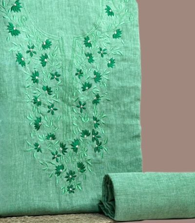 Green handloom soft cotton 3m top with tonal floral embroidered yoke and matching 2.5m bottom.