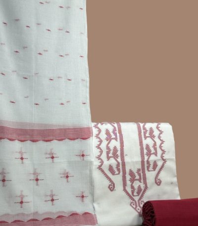 White handloom dupatta with red woven butis