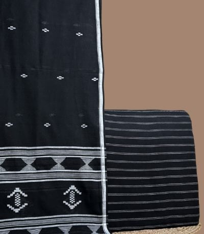 Black handloom cotton dupatta with white woven motif border