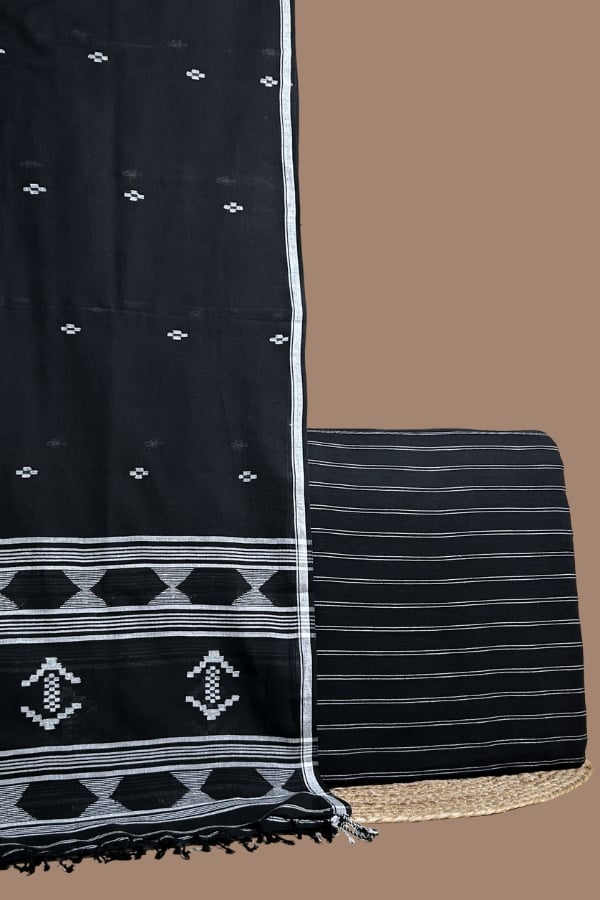 Black - 2pc Handloom Cotton Dupatta and Handloom Stripes Top Fabric Set Black handloom cotton dupatta with white woven motif border