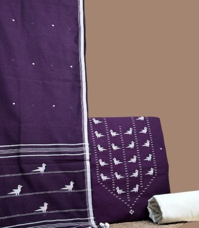 Purple handloom dupatta with woven bird border