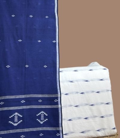 Blue handloom cotton dupatta with white woven motif border