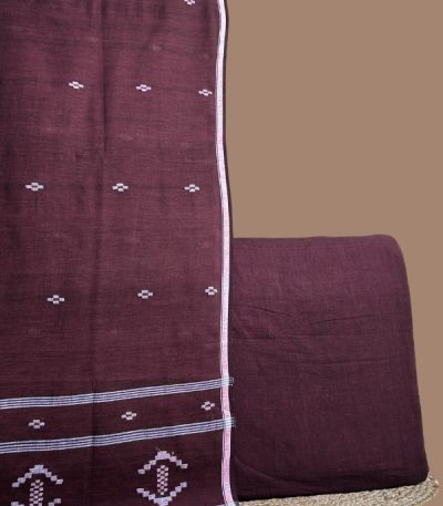 Red handloom cotton dupatta with lilac woven motif border