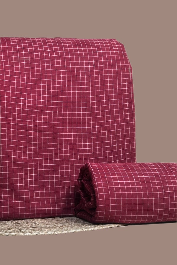 Red - 2pc Handloom Checks Top and Bottom Fabric Set Red handloom cotton top and bottom with fine white woven windowpane checks throughout.