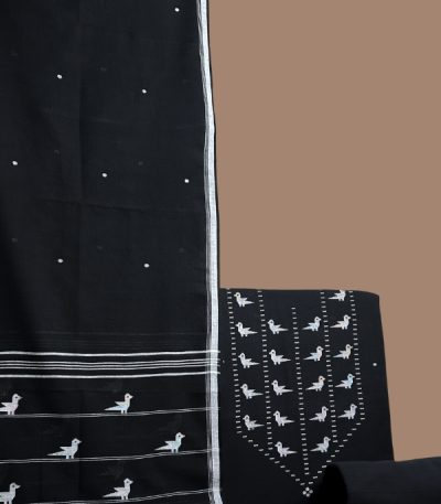 Black handloom dupatta with woven bird border