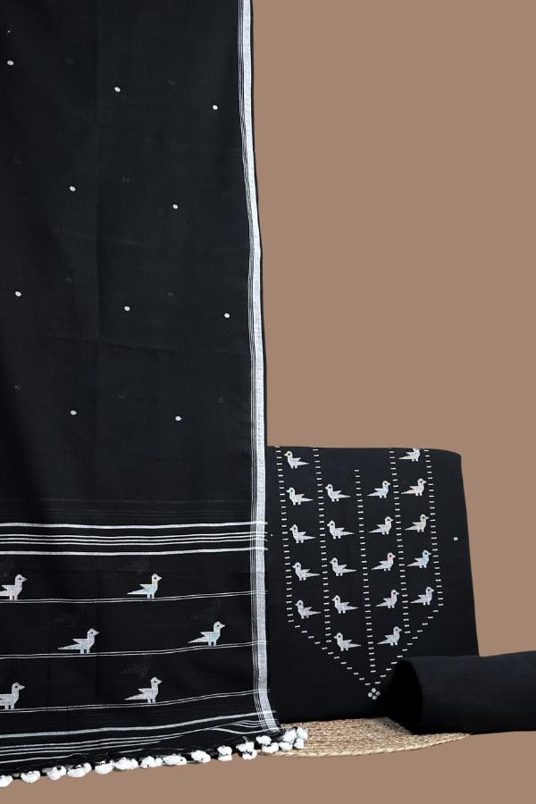 Black – 3pc (3mtr Top) Handloom Cotton Dupatta with Handloom Woven Design Top & Bottom Fabric Set Black handloom dupatta with woven bird border