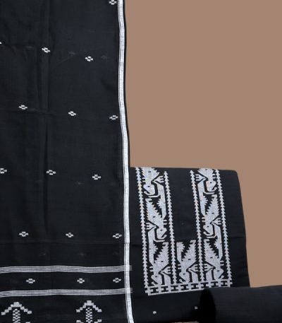 Black handloom dupatta with white woven motif border