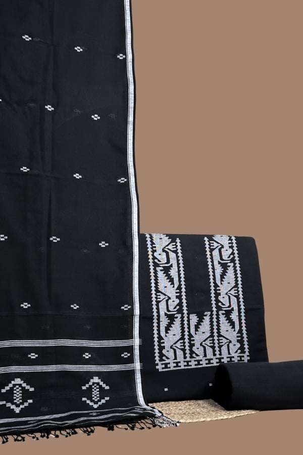Black handloom dupatta with white woven motif border