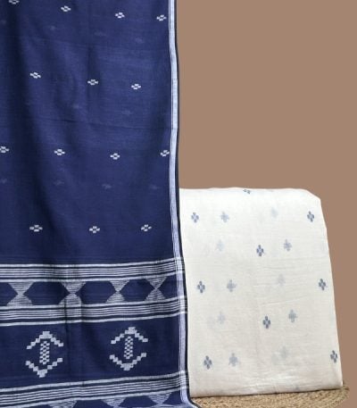 Blue handloom cotton dupatta with white woven motif border