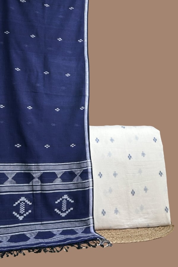 Blue handloom cotton dupatta with white woven motif border