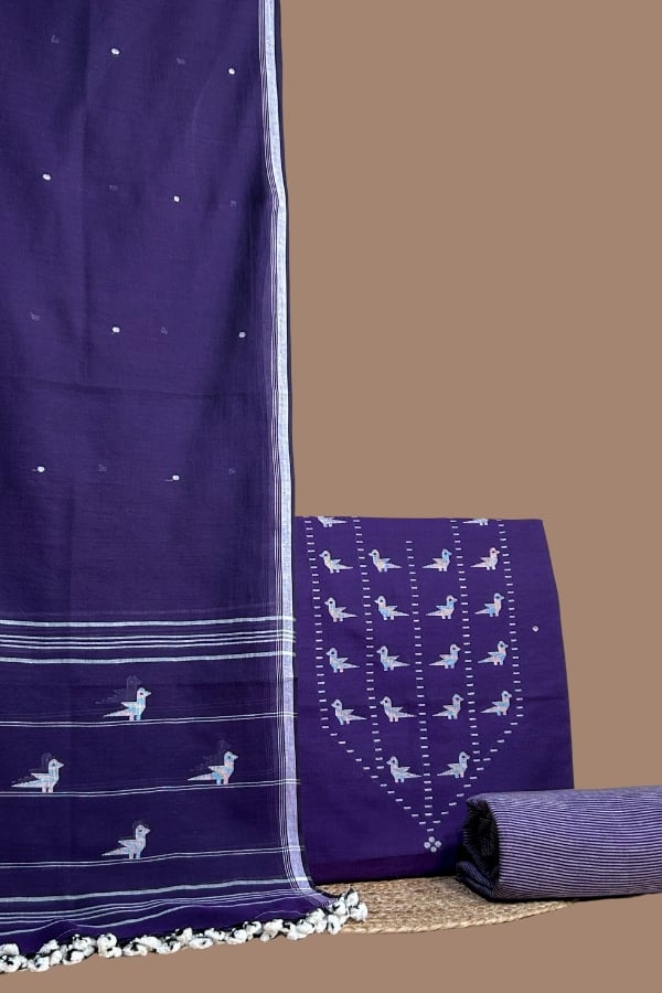 Purple – 3pc (3mtr Top) Handloom Cotton Dupatta with Handloom Woven Design Top & Bottom Fabric Set Purple handloom dupatta with woven bird border