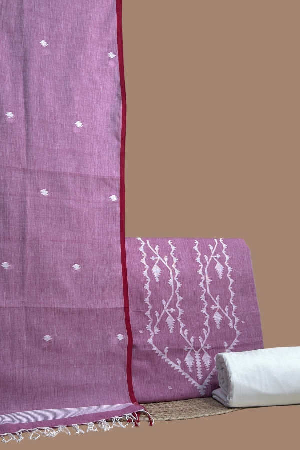 Purple – 3pc (3mtr Top) Handloom Cotton Dupatta with Handloom Woven Design Top & Bottom Fabric Set Purple handloom dupatta with red border