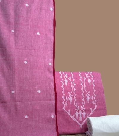 Pink handloom dupatta with red border