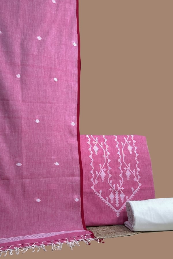 Pink – 3pc (3mtr Top) Handloom Cotton Dupatta with Handloom Woven Design Top & Bottom Fabric Set Pink handloom dupatta with red border