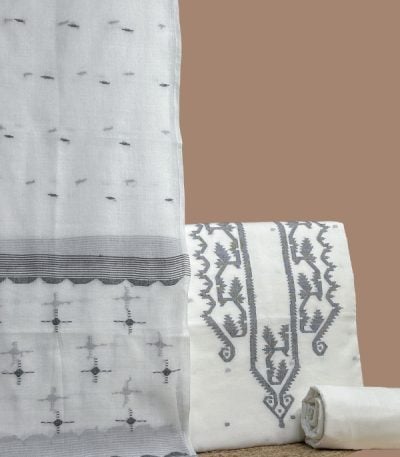 White handloom dupatta with gray woven butis