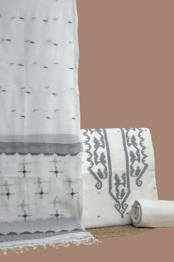 White – 3pc (3mtr Top) Handloom Cotton Dupatta with Handloom Woven Design Top & Bottom Fabric Set White handloom dupatta with gray woven butis