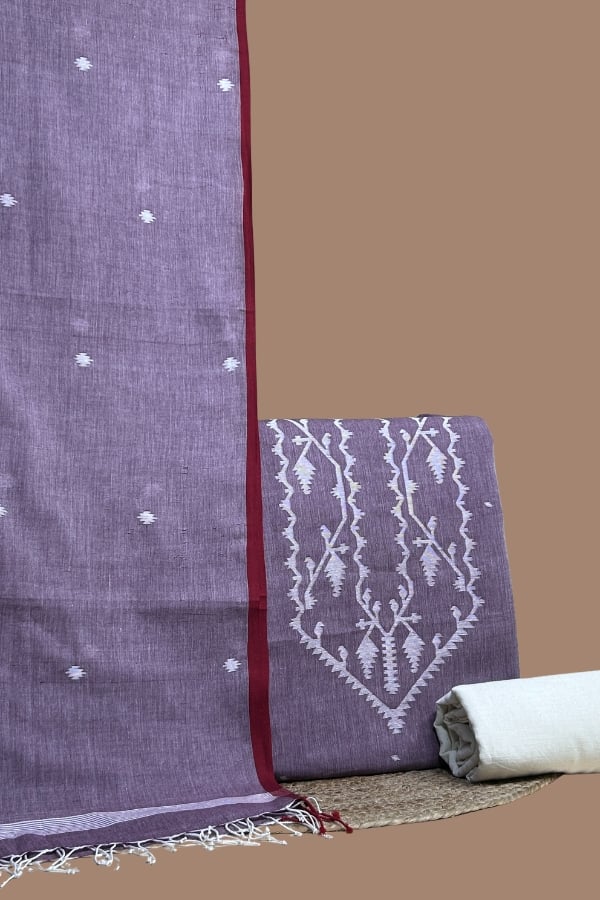 Purple – 3pc (3mtr Top) Handloom Cotton Dupatta with Handloom Woven Design Top & Bottom Fabric Set Purple handloom dupatta with red border
