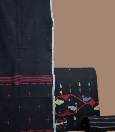 Black handloom dupatta with red butis