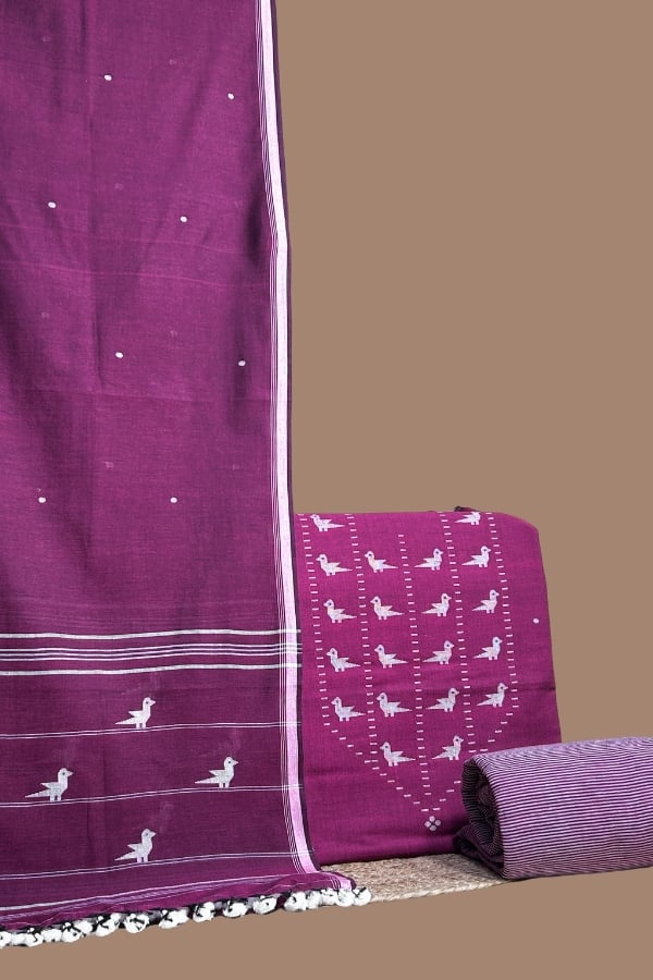 Purple – 3pc (3mtr Top) Handloom Cotton Dupatta with Handloom Woven Design Top & Bottom Fabric Set Purple handloom dupatta with woven bird border