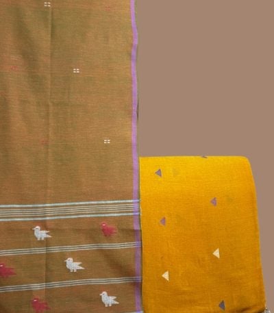 Brown-olive handloom dupatta with woven bird border