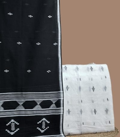 Black handloom cotton dupatta with white woven motif border