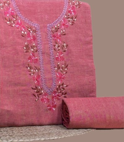 Pink handloom soft cotton 3m top with floral embroidered neckline