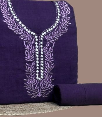 Purple handloom soft cotton 3m top with leaf-vine embroidered neckline